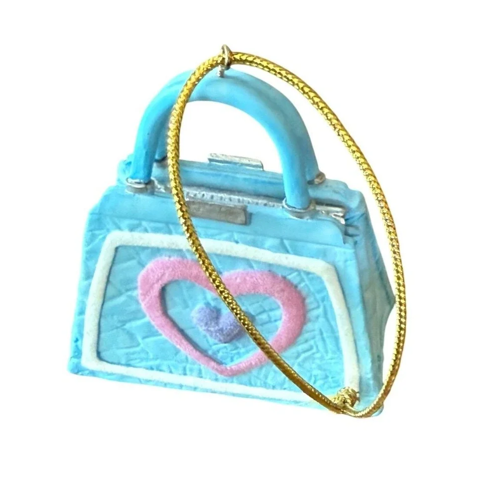 Vintage AGC Resin Mini Purse Ornament Blue Heart Handbag 90s Kitsch Decor